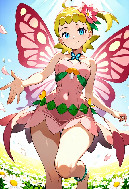 masterpiece, best quality, solo, curvy, beautiful eyes, narrow waist, wide hips, 1girl, solo, smile, looking at viewer, dynamic angle, foreshortening, close up,    zzBonnie, bonnie_(pokemon), blue eyes, ahoge, blonde hair, hair ornament, short hair, side ponytail,  ,<lora:BonniePokemonIXL:1.0>, [Floral Fairy], bright yellow and pink floral dress with petals flowing along the hem, delicate butterfly-shaped wings made from soft flower petals, flower crown woven from daisies, thin vine belt with hanging blossoms, barefoot with flower-shaped anklets, standing in a blooming meadow with wildflowers surrounding her, sunlight casting a golden glow,