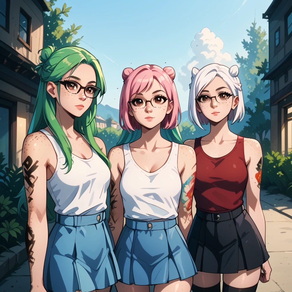 score_9, score_8_up, score_7_up, 3girls group scene, BREAK 1girl,  unlockedwhite, , long white hair French braid brown eyes freckles, wearing pants and tank top BREAK ,unlockedpink, 1girl, purple eyes, pink hair, short hair, freckles, BREAK unlockedgreen, green hair, long hair, tattoo, skirt, double bun, thighhighs, arm tattoo, glasses, brown eyes, freckles, 