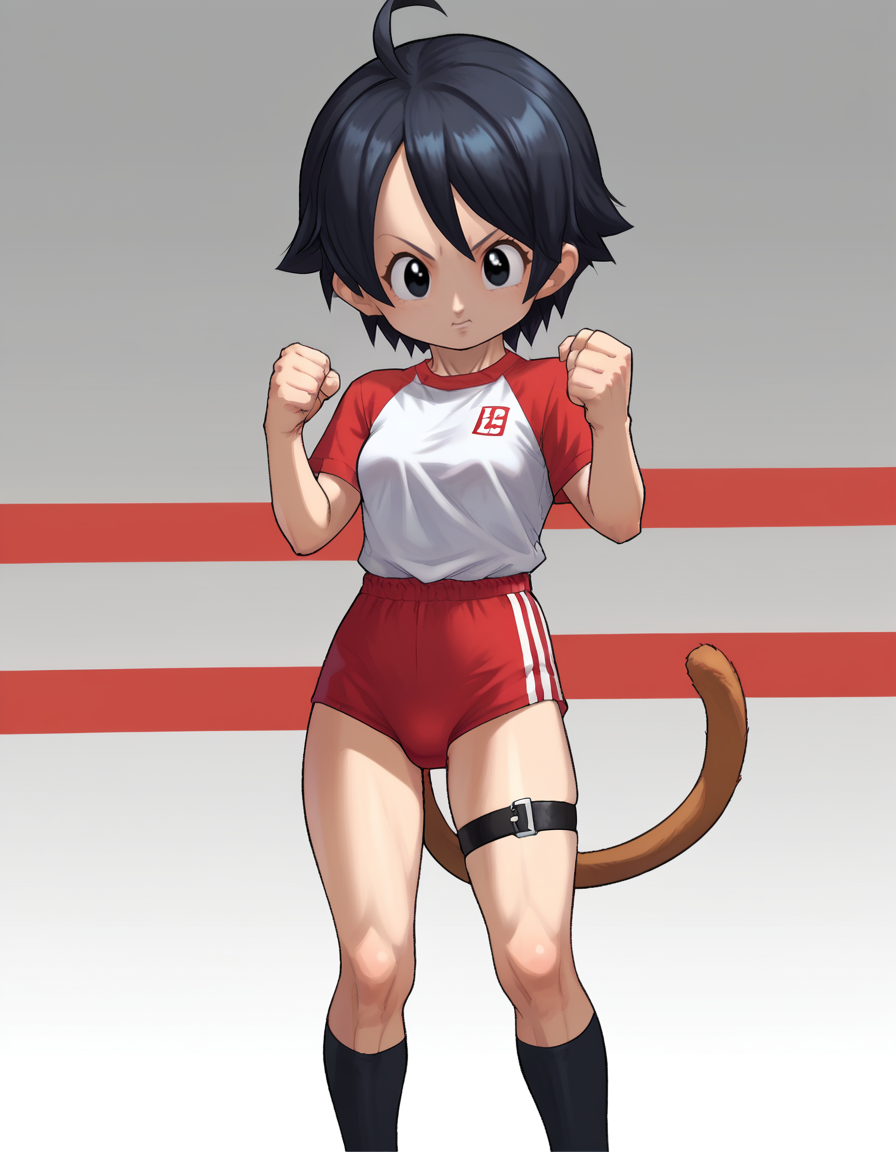 zPDXL, score_9, score_8_up, score_7_up, score_6_up, score_5_up, score_4_up, 1girl, solo,
<lora:Daikin_v1-18:1> dkn, gym uniform, thigh strap, kneehighs, black kneehighs, tail, <lora:shuto-uke:0.4> shuto uke fighting stance, fists, clenched hands,, <lora:Parsleah_v1:0.8>  parsleahbase, black hair, short hair, black eyes, (monkey tail), small breasts, brown tail,