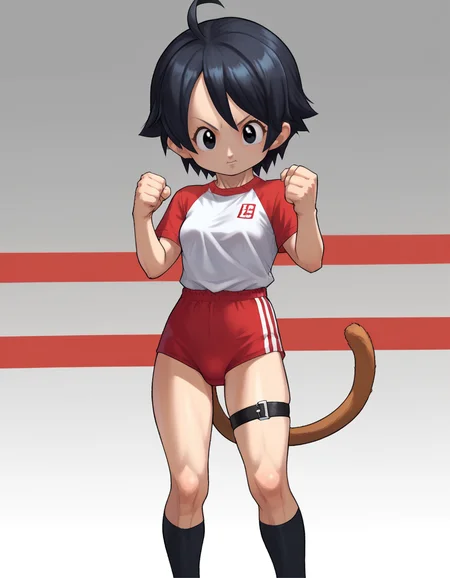 zPDXL, score_9, score_8_up, score_7_up, score_6_up, score_5_up, score_4_up, 1girl, solo,
<lora:Daikin_v1-18:1> dkn, gym uniform, thigh strap, kneehighs, black kneehighs, tail, <lora:shuto-uke:0.4> shuto uke fighting stance, fists, clenched hands,, <lora:Parsleah_v1:0.8>  parsleahbase, black hair, short hair, black eyes, (monkey tail), small breasts, brown tail,