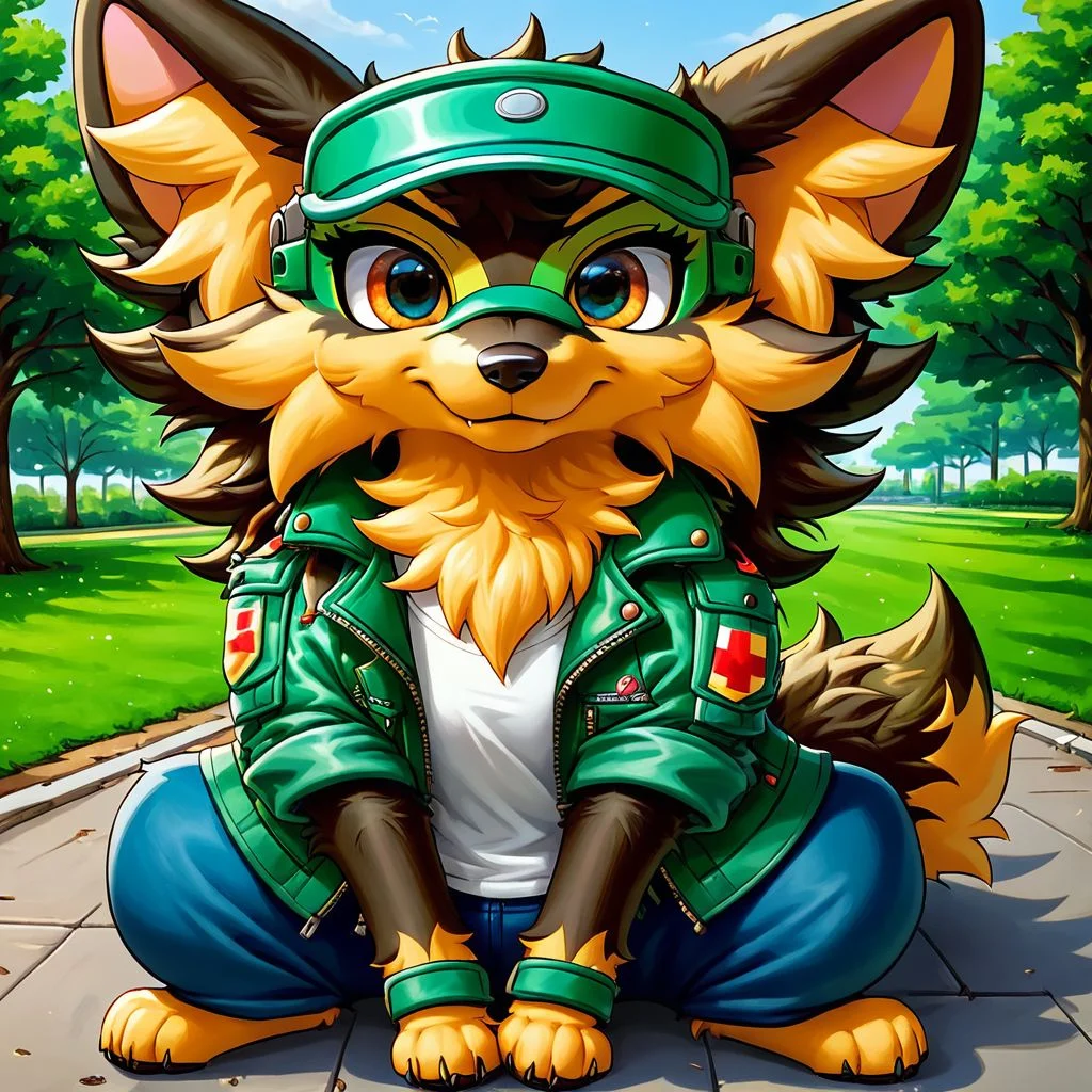 anthro, solo, feral, female, canid, German sheperd, clothes, wearing green jacket, green visor, wearing blue pants, fluffy fur, big orange eyes, big dog tail, big dog ears, at park, score_9_up, score_8_up, score_7_up, source_anime