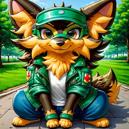 anthro, solo, feral, female, canid, German sheperd, clothes, wearing green jacket, green visor, wearing blue pants, fluffy fur, big orange eyes, big dog tail, big dog ears, at park, score_9_up, score_8_up, score_7_up, source_anime