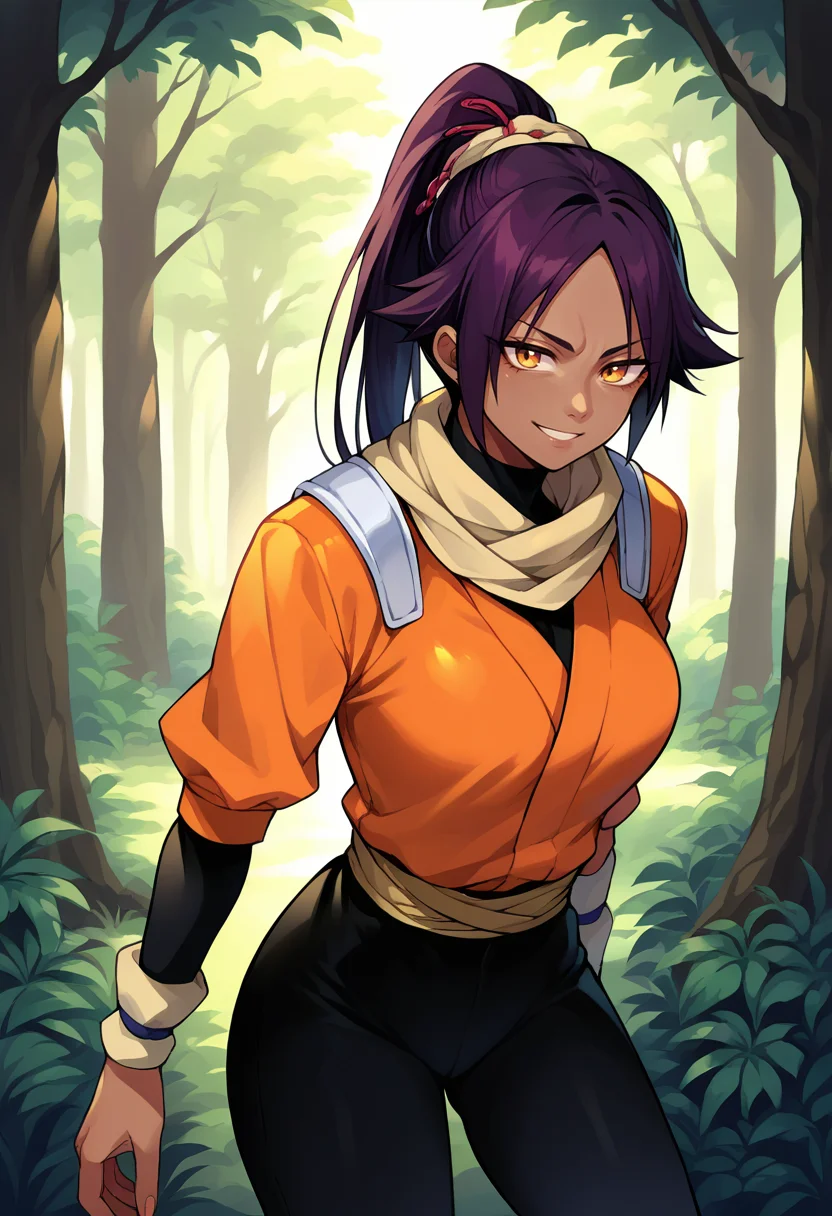 score_9, score_8_up, source_anime, 1girl, solo, YoruichiDefault, dark-skinned female, dark-skinned female, long hair, high ponytail, hair tie, scarf, orange shirt, arm warmers, sash, black bodysuit, outdoors, forest, smile, <lora:ChamShihouinYoruichiPonyXL:1>