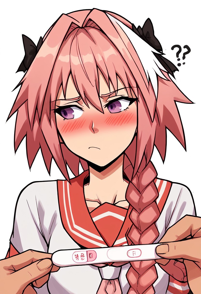 score_9, score_8_up, score_7_up,source_anime, 1boy, Astolfo, fate, blush, confused, pregnancy test, upper body, looking to the left, dk_astolfo