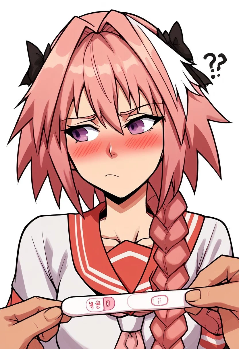 score_9, score_8_up, score_7_up,source_anime, 1boy, Astolfo, fate, blush, confused, pregnancy test, upper body, looking to the left, dk_astolfo