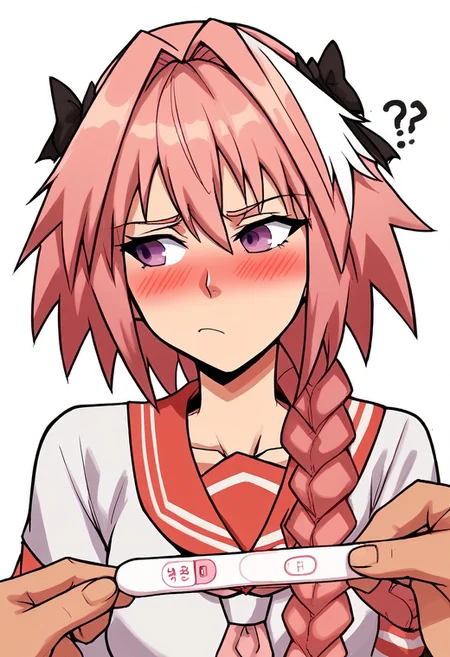 score_9, score_8_up, score_7_up,source_anime, 1boy, Astolfo, fate, blush, confused, pregnancy test, upper body, looking to the left, dk_astolfo