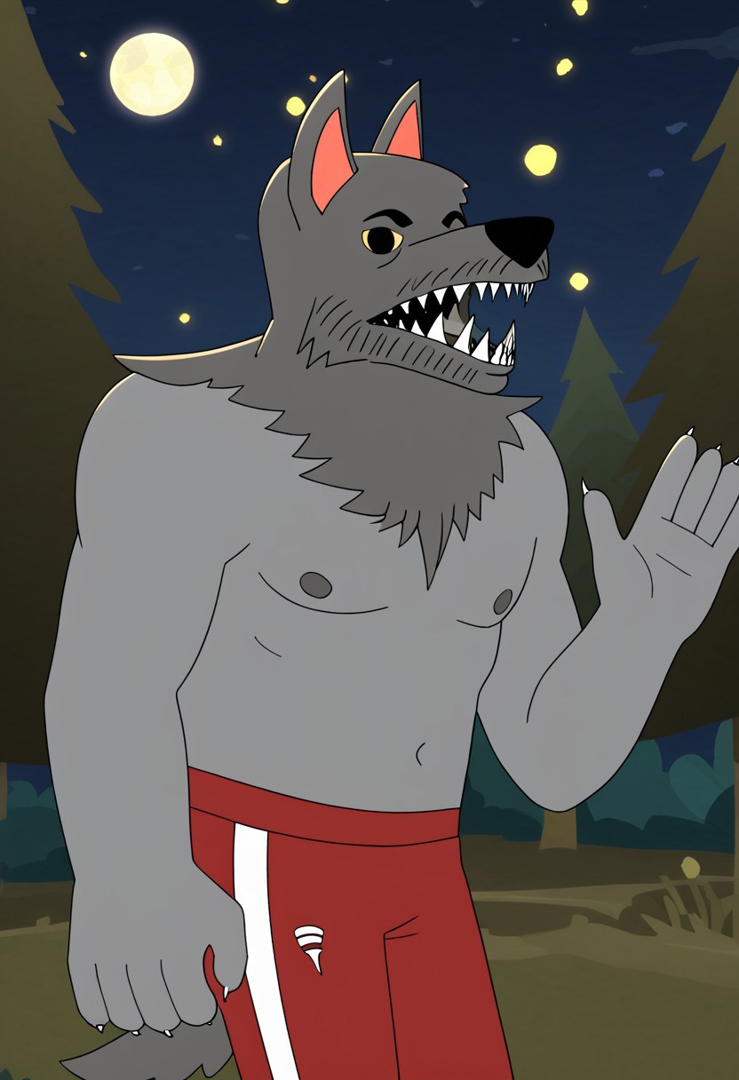 score_9, score_8_up, score_7_up, masterpiece, high quality, detailed, flat colors, solo, male, werewahlfberg, anthro, athletic, grey fur, dark grey top fur, nipples, pointed ears, black nose, yellow sclera, black eyes, eyebrows, sharp teeth, red jogging pants, quarter body shot, side view, looking at viewer, chill, happy, open mouth, showing teeth, waving, wide eyes, leaning behind a tree, outdoors, night, full moon, stars, grassy plains, woods.