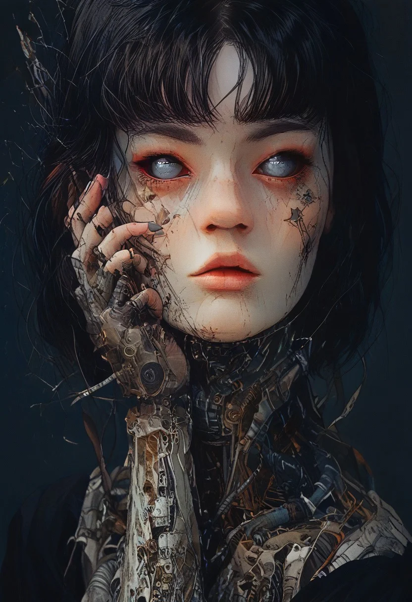 score_9,score_8_up,score_7_up,score_6_up,score_5_up,score_4_up,1 girl, tomie kawakami, solo,female focus,looking at the spectator,(Heart-shaped face, dark blue eyes, plump lips, short bob-cut dark brown hair, 5'6", 125 lbs, medium breasts, narrow waist, slender figure, a star tattoo on the ankle, pale skin, angular jawline, and slightly upturned nose.:1.3),(A gold lace bra paired with a black puffy mini skirt, and finished with bold gold high heels on a platform, featuring exquisite lace designs and a skirt made of rich velvet fabric, providing a luxurious and captivating look.:1.3),(plain contrasting background:1.3),(full-length:1.5),hands,Perfect hand,Perfect feet,Perfect eyes,cyb0rg,science fiction,cable,mechanical parts,<lora:feet v3:1>,<lora:hand 4:1>,<lora:PerfectEyesXL:1>,zPDXL2,zPDXLpg,<lora:cyb0rgXLP:0.8>,<lora:add-detail-xl:1>,<lora:DP-Pony:1>,p33rs,<lora:incase-ilff-v3-4:0.2>,