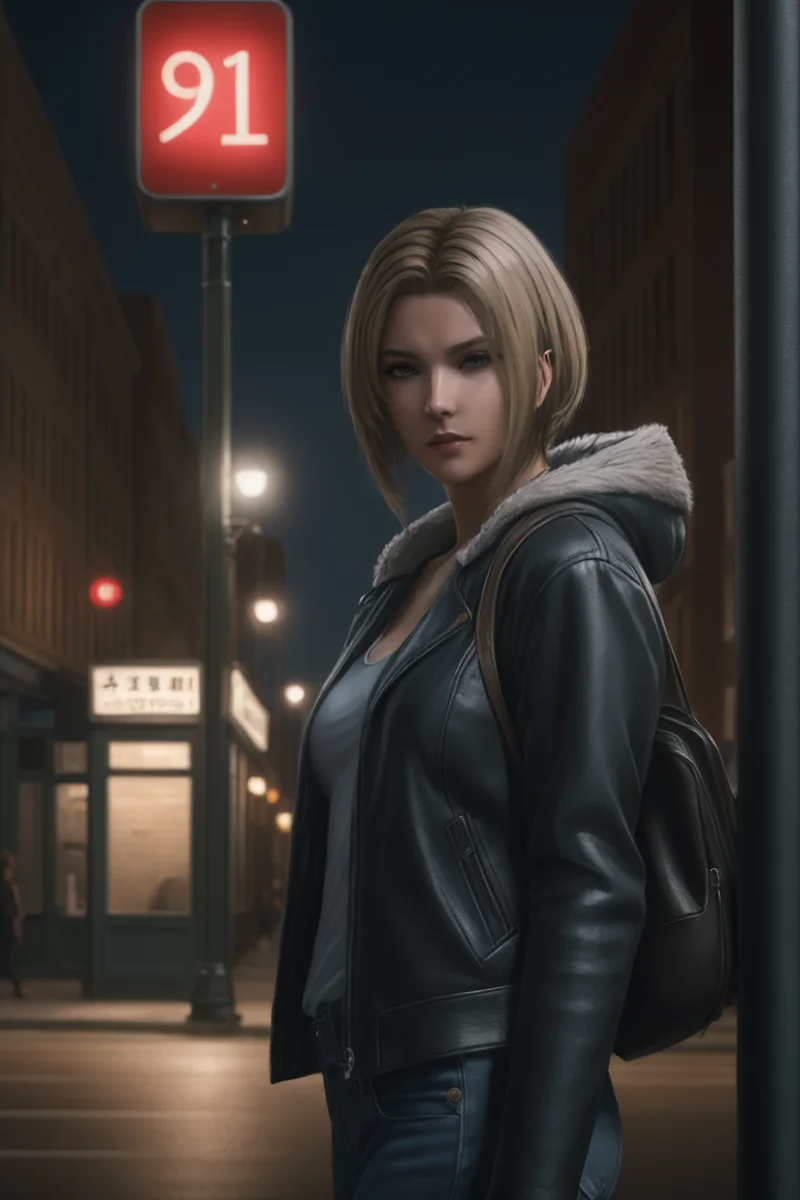 masterpiece,highres,realistic,1girl,benedikta_harman,<lora:benedikta_sdxl_V1:0.65>,upper body,looking at viewer,phone booth,downtown,street,road_sign,lamppost,night,leather_jacket,