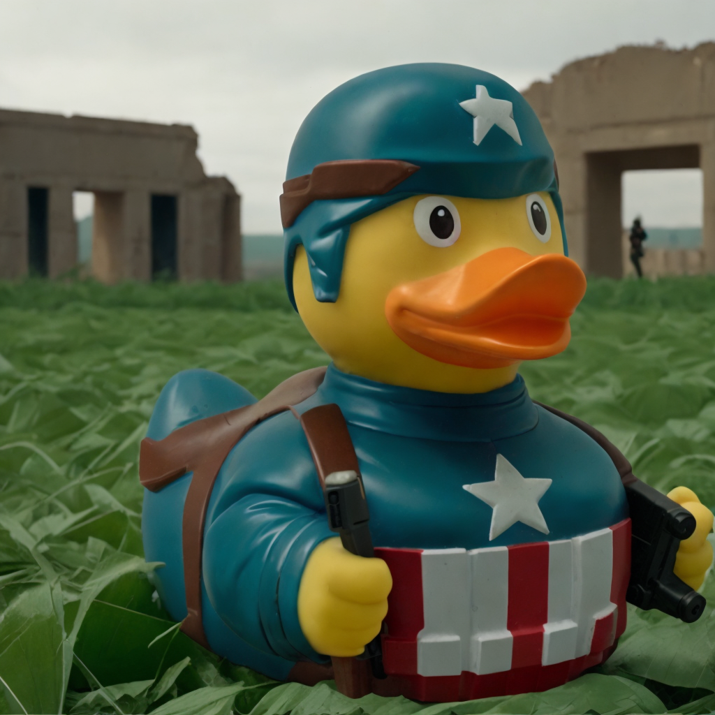 rubberduck, captain america holding gun, in war field, cinematic, ruins<lora:rubberduck-000009:1>