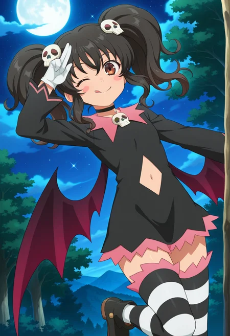 castle, night, towers, forest, mountains,
BREAK,
licking lips, wink, blush stickers, two fingers salute, standing on one foot,
cowboy shot, dynamic angle,
BREAK,
<lora:aniseover_illustriousXL_v01:0.9>
aniseDevil, black hair, brown eyes, twintails, sidelocks, skull hair ornament,
black choker, clothing cutout, gloves, alternate costume, long sleeves, black dress, low wings, demon wings,
striped legwear, black footwear,, source_anime, very aesthetic, anime coloring, masterpiece,
best quality, amazing quality, ultra detailed, very aesthetic,
detailed background,
BREAK,