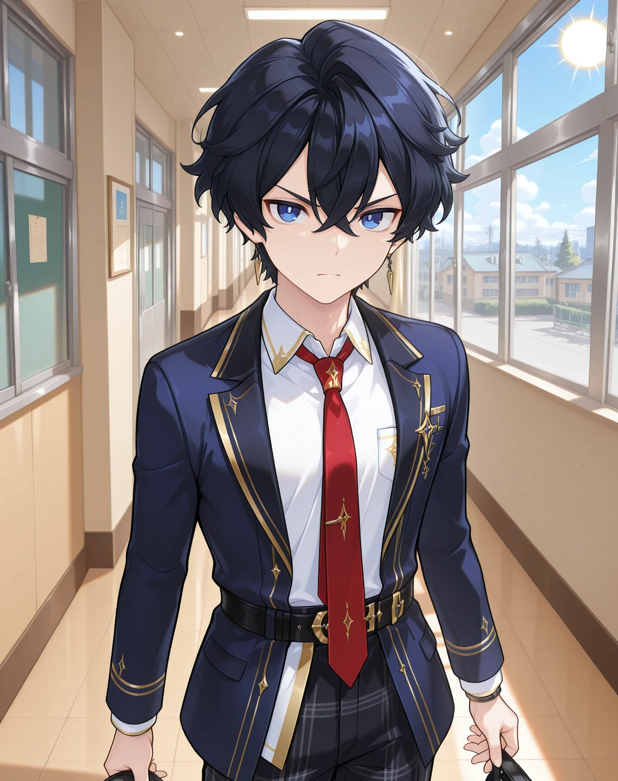 masterpiece,best quality,amazing quality, newest, very aesthetic, absurdres,
1boy, solo, yaoi, male focus, looking at viewer, cowboy shot,
<lora:Noah_Celestia_ilxl:1> noahcl, short hair, black hair, hair between eyes, blue eyes, crossed bangs, v-shaped eyebrows,
school uniform, white shirt, collared shirt, blue jacket, red necktie, black pants, plaid pants,
indoors, school, hallway, window, day, sun,