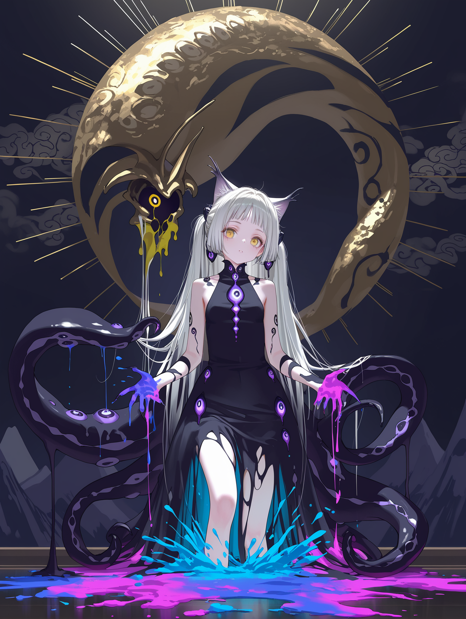 (artist:ningen_mame:0.9),(artist:sho_(sho_lwlw):0.9),(artist:rhasta:0.9),(artist:wlop:0.7),(artist:ke-ta:0.6),(fkey:0.5),(fuzichoco:0.6),artist:chen bin,(artist:hyouuma:0.8),/ (illustration),extremely detailed ,CG ,unity, 8k wallpaper,,(sketch),(wash painting),((color splashing)),((ink splashing)),((((dyeing)))),((Chinese painting)),((colorful))(beautiful and delicate mountain),(solo),(Fantasy creatures),((Chinese black Tentacle girl)),Black markings,(black Tentacle cat),((solo)),beautiful and delicate golden eyes,Huge claws,(the all seeing eyes) Big and strong,Diabolical,Tyrannica,(Shoggoth girl:1.3),
,masterpiece,best quality,amazing quality,