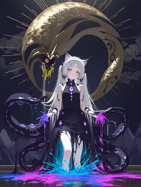 (artist:ningen_mame:0.9),(artist:sho_(sho_lwlw):0.9),(artist:rhasta:0.9),(artist:wlop:0.7),(artist:ke-ta:0.6),(fkey:0.5),(fuzichoco:0.6),artist:chen bin,(artist:hyouuma:0.8),/ (illustration),extremely detailed ,CG ,unity, 8k wallpaper,,(sketch),(wash painting),((color splashing)),((ink splashing)),((((dyeing)))),((Chinese painting)),((colorful))(beautiful and delicate mountain),(solo),(Fantasy creatures),((Chinese black Tentacle girl)),Black markings,(black Tentacle cat),((solo)),beautiful and delicate golden eyes,Huge claws,(the all seeing eyes) Big and strong,Diabolical,Tyrannica,(Shoggoth girl:1.3),
,masterpiece,best quality,amazing quality,
