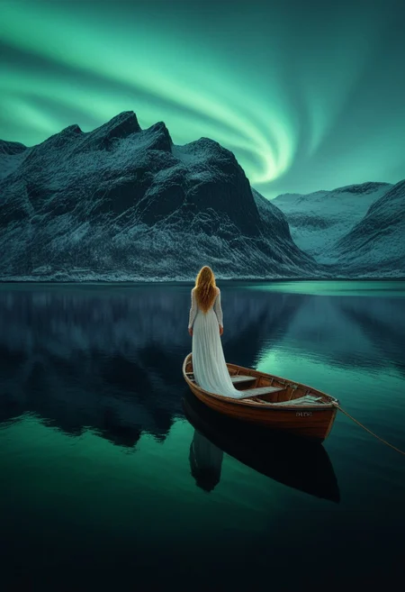 landscape, Norway, mountains, sea, fog, rain, 1 small wooden boat, jetty, outline of a sexy woman in a long white dress with complex golden details, long brown wavy hair. the woman stands on the boat. northern lights,
Northern lights are reflected in the sea, vivid color, vivid background
high contrast, stylized, clear, surreal, ultra quality , 8k, best quality, masterpiece, textural, artistic, midjourneyv6.1, on the boat,