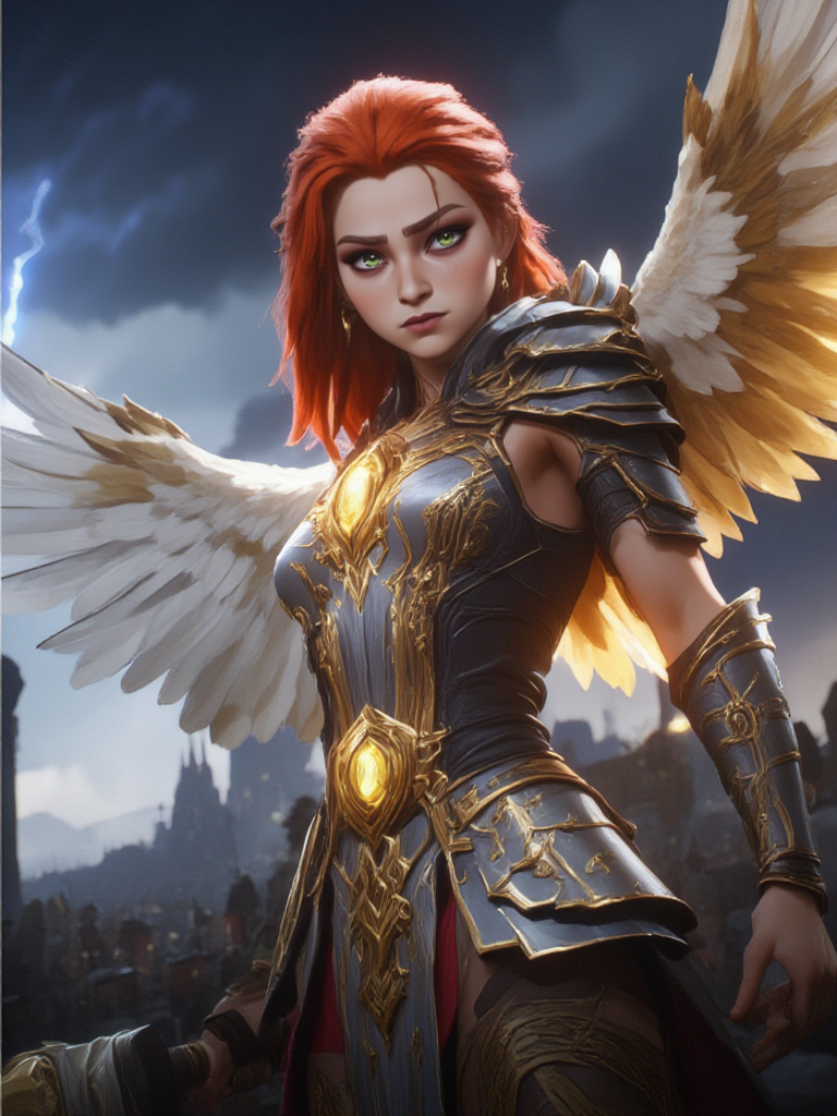 A striking red-haired Valkyrie with long, flowing hair, dressed in ornate silver and gold armor adorned with intricate Norse patterns. She has large, majestic wings resembling those of an eagle, with a mix of white and golden feathers. Her piercing green eyes reflect determination and mystical power. She stands confidently in a dramatic pose, holding a glowing spear in one hand and a round shield in the other. The background features a stormy sky with thunderclouds and lightning, hinting at a battlefield below. The scene is filled with a sense of ancient magic and epic Norse mythology.  <lora:ARCANE_STYLE_FADOO-FLUX:1>  arc4n3style,  <lora:Add_More_details_Flux:0.8>