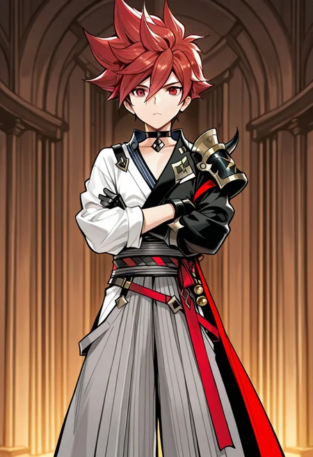 ace (seven knights), greatgeneral, red hair, spiked hair, red eyes, choker, asymmetrical coat, grey hakama, black gauntlets, crossed arms, solo
