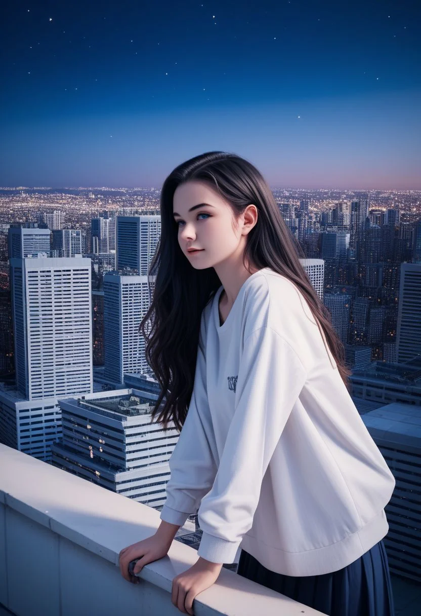 (Score_9,score_8_up, score_7_up:1.6),(source_anime:1.5),(rating_safe:1.5),(nigth scene:2.0), (( in exterior rooftop night city:2.0)),high definition, 35mm, ( detalled:1.5), 1girl, detailed face ,blue eyes , black hair, ,Long hair,Beutyfull