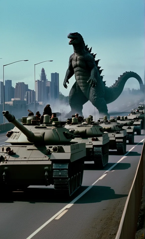 wide shot, cinematic film still, in the foreground highway road of (army tanks), ((Godzilla <lora:Godzilla_1954:1>)) in the background city horizon <lora:perfection style SD1.5:,5> <lora:perfection style:1> <lora:Photo 2 Style SDXL_LoRA_Pony Diffusion V6 XL:1>
