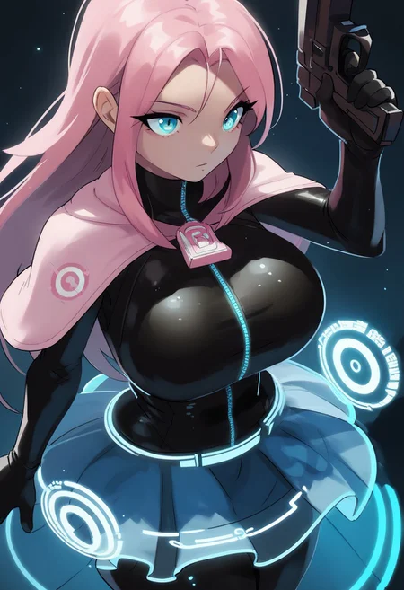 score_9, score_8_up, score_7_up, score_6_up, score_5_up, score_4_up, 1girl, solo, black latex bodysuit, large breasts, holding gun, sci-fi, side eye, high angle shot,
BREAK,
pink capelet, pink hair, long hair,
BREAK,
Hologram skirt, blue skirt, transparent skirt