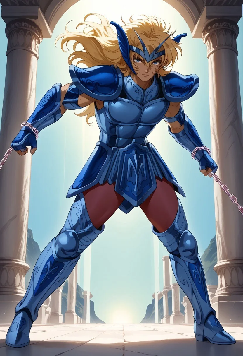 score_9, score_8_up, score_7_up, masterpiece, cephalbiorepdxl, 1boy, male focus, toned male, blue eyes, wavy long hair, blonde hair, blue circlet, blue pauldrons, blue breastplate, elbow length vambraces, blue faulds, maroon pants, thighhigh greaves, fingerless gloves, chains, (((action pose))), (highly detailed:1.2), (intricate:1.2), (best quality:1.2),(8k:1.2), (sharp:1.2), (majestic:1.2), natural lighting, detail++, mediterranean backdrop, greek pillars, looking at viewer, full body