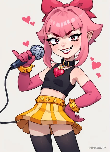 score_9, score_8_up, score_7_up, <lora:bsmelodie:1> bsmelodie , 1girl, solo , pink hair, hair bow ,black collar ,neck heart ,black shirt, crop top, bare shoulders, elbow gloves, pink gloves, yellow bracelet , yellow skirt , black thighhighs , posmach ,evil smile, , looking at viewer, Holding microphone <lora:PossumMachine:1>
