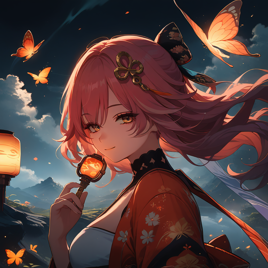 score_9, score_8_up, score_7_up, score_6_up,Photography,masterpiece,  <lora:changliWuWa:0.6>  beautiful detailed face, orange eyes, pinkk hair,
(Kimono top:1.4),  butterfly ribbon,
(close-up:1.2), (upper body:1.4),
floating hair, colorful theme,
light smile, closed mouth, relaxed eyes, hand up, japanese lantern, close-up, portrait, straight-on,  magical atmosphere, swirling energy, light waves, sparkling particles, magical aura, (Key Light:1.2), butterfly_lighting,
<lora:0697 Huangquan Road_v1_pony:0.8> ruanyi0697,paper lantern,fog,mountain,horror theme,  Rocky Road,  <lora:vivid_everclear:0.5> ,   soft lighting, gentle ambient light,