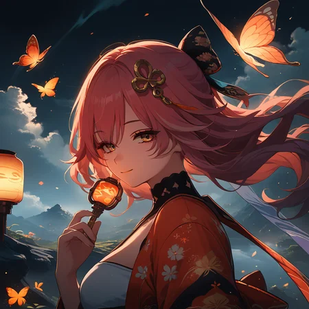 score_9, score_8_up, score_7_up, score_6_up,Photography,masterpiece, <lora:changliWuWa:0.6> beautiful detailed face, orange eyes, pinkk hair,
(Kimono top:1.4), butterfly ribbon,
(close-up:1.2), (upper body:1.4),
floating hair, colorful theme,
light smile, closed mouth, relaxed eyes, hand up, japanese lantern, close-up, portrait, straight-on, magical atmosphere, swirling energy, light waves, sparkling particles, magical aura, (Key Light:1.2), butterfly_lighting,
<lora:0697 Huangquan Road_v1_pony:0.8> ruanyi0697,paper lantern,fog,mountain,horror theme, Rocky Road, <lora:vivid_everclear:0.5> , soft lighting, gentle ambient light,