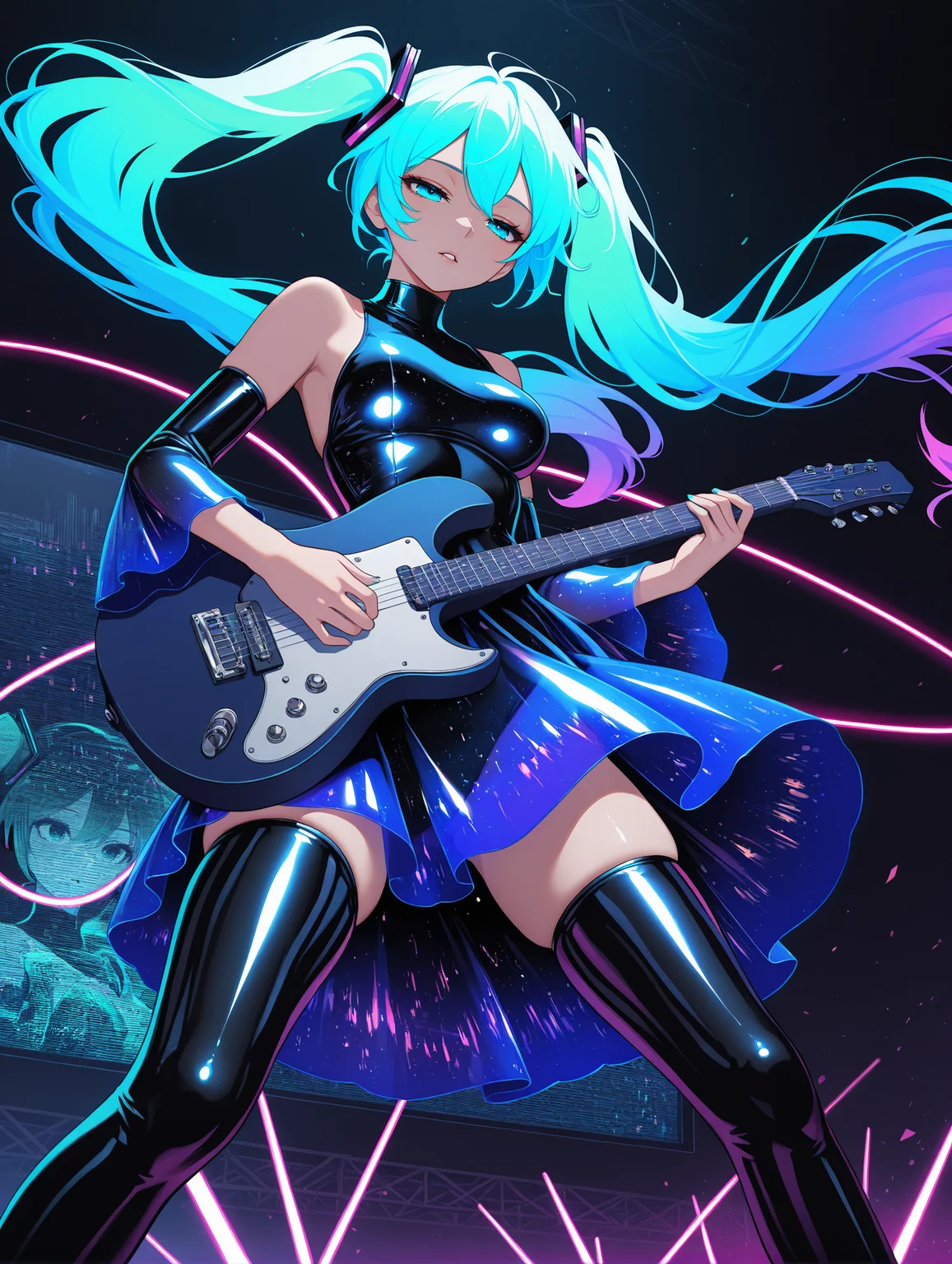 1girl,hatsune miku,beautiful,elegance,aesthetic,mysterious,,parted lips, break dramatic entry,focused intensity,(three quarter view:1),(from below:0.4),extended legs,wind effect,floating hair,long_eyelashes,half-closed eyes,medium breasts, holographi ccolor dress,glowing,laser light clothes,see-through dress,shiny clothes,asymmetric_thighhighs,glowing hair,holographic colors,gradient colors,latex_thighhighs,skindentation, (concert:1.3),(playing the guitar:1.3),auralora,colorful,glowing,large screen,dynamic pose,spark,dark background,cyberpunk, break intricate background,dramatic backlight,8k,intricate details,volumetric lighting, Professional fashion editorial illustration,concept art,minimalism,digital artwork,illustrative,painterly,highly detailed,vibrant,detailed beautiful color,fine texture,crisp detail,crisp edges,
,masterpiece,best quality,amazing quality,