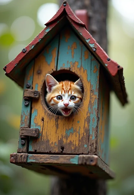 surrealism, fantasy, view from the bottom up 3d, from the birdhouse outside sticking out a cheeky cute smiling kitten face, humor, intricate details, hyper-realistic, hyper-detailed, kodak professional photoshoot, colorful, ultra-sharp, vivid color
