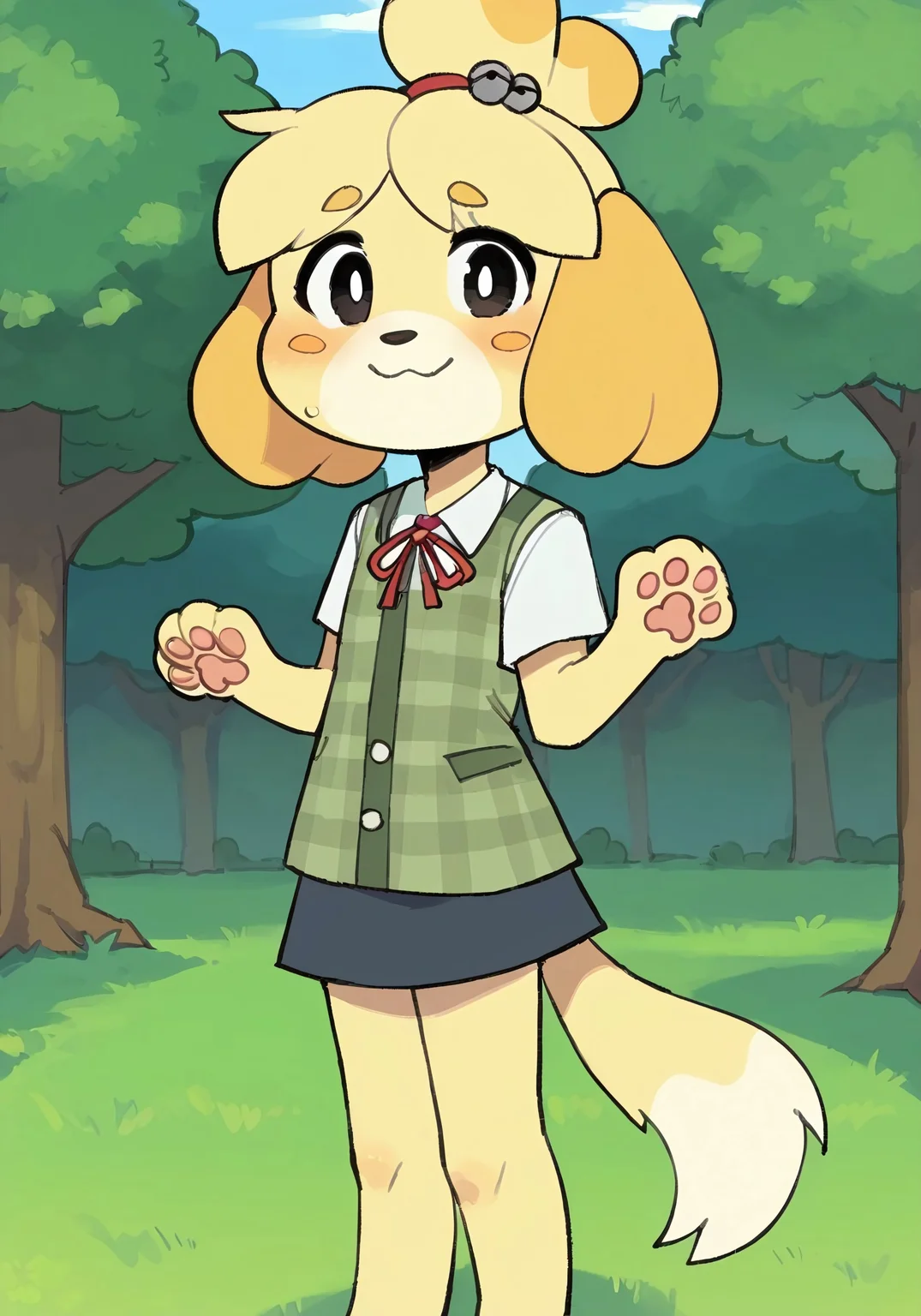 score_9, score_8_up, score_7_up,
1girl, flat chest, isabelle \(animal crossing\), furry, anthro female, 1girl, hair bell, jingle bell, hair ornament, hair tie, paws, furry female, dog girl, dog paws, animal nose, topknot, body fur, outdoors, average height, flat colors, smile, looking at viewer, skinny legs, tmchng, flat colors, short girl, , viewed from the front, embarrassed, wavy mouth, solo, skirt, plaid shirt