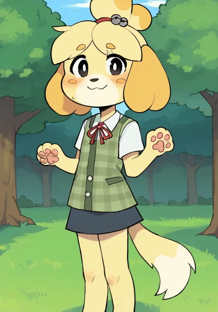 score_9, score_8_up, score_7_up,
1girl, flat chest, isabelle \(animal crossing\), furry, anthro female, 1girl, hair bell, jingle bell, hair ornament, hair tie, paws, furry female, dog girl, dog paws, animal nose, topknot, body fur, outdoors, average height, flat colors, smile, looking at viewer, skinny legs, tmchng, flat colors, short girl, , viewed from the front, embarrassed, wavy mouth, solo, skirt, plaid shirt