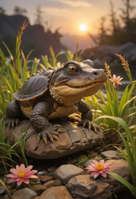 Tiny Alligator-turtle hybrid, on rock by steam, sunset, reeds, flowers, rim lighting