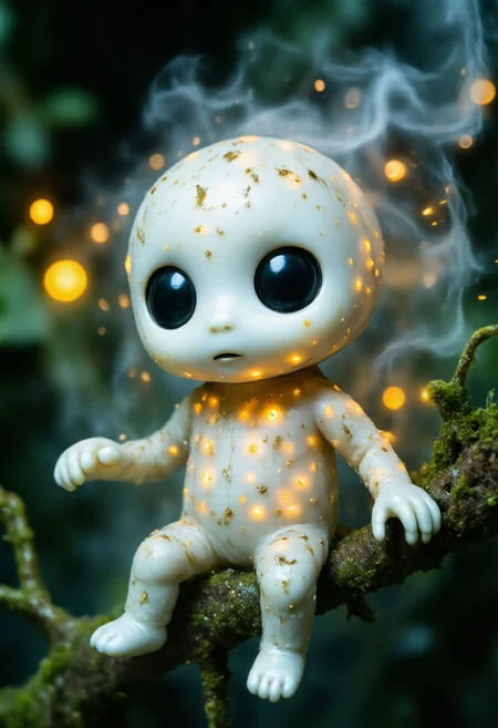 Studio Ghibli Dark Fairytale, moody ethdysty, fantastical, ethereal aesthetic. The image is a high-resolution macro photograph of a small, Ghibli-inspired Kodama forest spirit, showcasing intricate details of its tiny, otherworldly body. The Kodama has a smooth, desaturated white surface with faint, faded markings that give it an aged, ghost-like appearance. Its large, hollow black eyes are glossy and reflective, hinting at a silent wisdom. The delicate limbs and subtle textures, almost translucent, catch the ambient light in a soft glow. Fine, mist-like particles drift around it, adding to its eerie, serene presence. Cracks and tiny mossy growths adorn parts of its body, as if it's partially formed from the forest itself. The background is blurred, filled with diffused forest light and glowing spores, creating a dreamlike depth that makes the Kodama appear to hover silently in a realm between life and spirit.