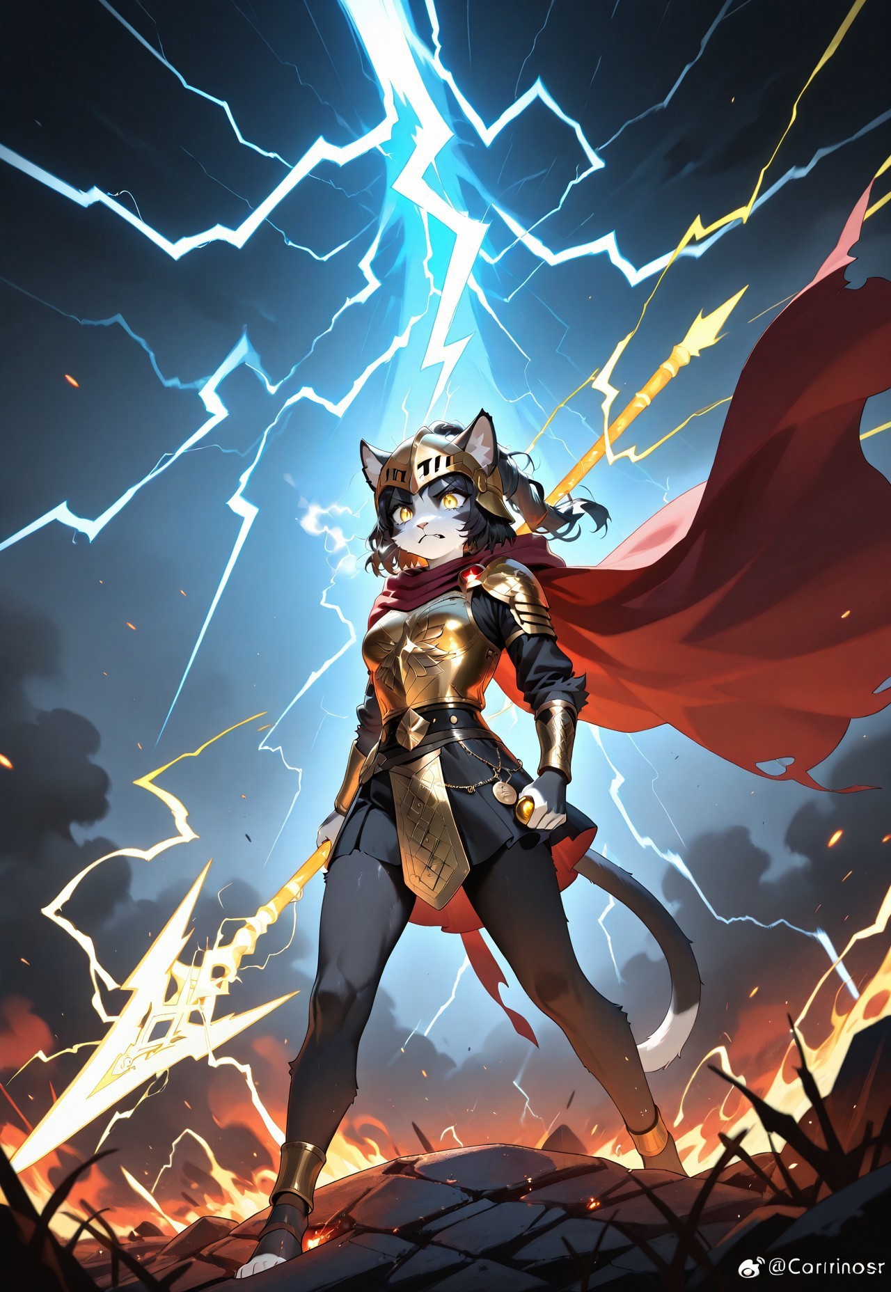 masterpiece, score_9, anthro, furry, 1girl, Ember (ESO), feline, black and white fur, yellow eyes, detailed fur, cat tail, dynamic action pose, wearing ancient Greek bronze cuirass engraved with magical runes, flowing crimson cape, Corinthian-style helmet tucked under one arm, (holding a massive lightning spear:1.6), furious expression, battlefield of broken marble and fallen warriors behind, flames rising into the sky, fierce sunlight cutting through smoke, swirling dust and embers, cinematic intense lighting, raw energy and emotion