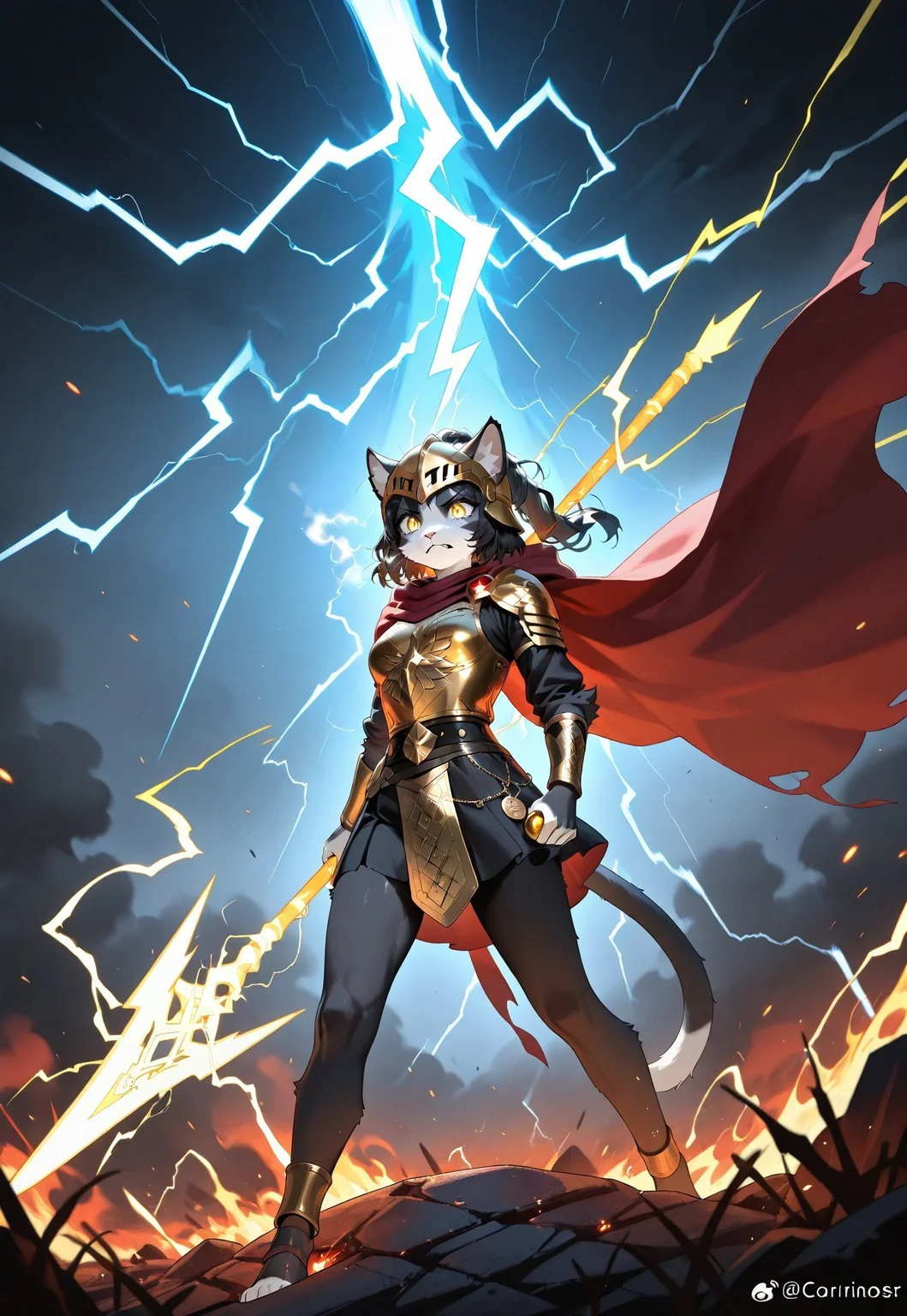 masterpiece, score_9, anthro, furry, 1girl, Ember (ESO), feline, black and white fur, yellow eyes, detailed fur, cat tail, dynamic action pose, wearing ancient Greek bronze cuirass engraved with magical runes, flowing crimson cape, Corinthian-style helmet tucked under one arm, (holding a massive lightning spear:1.6), furious expression, battlefield of broken marble and fallen warriors behind, flames rising into the sky, fierce sunlight cutting through smoke, swirling dust and embers, cinematic intense lighting, raw energy and emotion