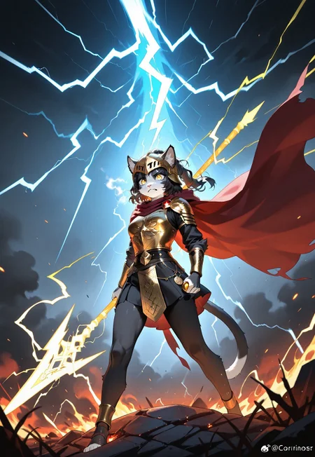 masterpiece, score_9, anthro, furry, 1girl, Ember (ESO), feline, black and white fur, yellow eyes, detailed fur, cat tail, dynamic action pose, wearing ancient Greek bronze cuirass engraved with magical runes, flowing crimson cape, Corinthian-style helmet tucked under one arm, (holding a massive lightning spear:1.6), furious expression, battlefield of broken marble and fallen warriors behind, flames rising into the sky, fierce sunlight cutting through smoke, swirling dust and embers, cinematic intense lighting, raw energy and emotion