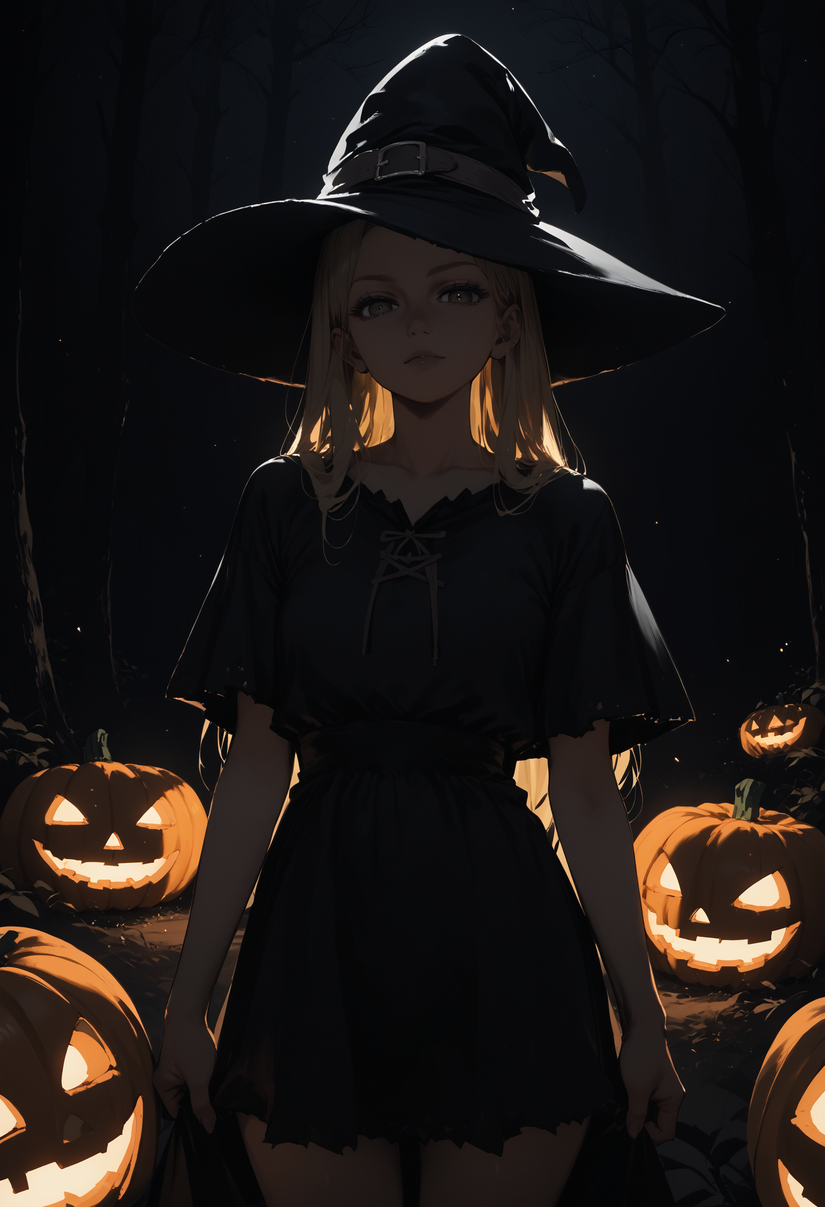 score_9, score_8_up, score_7_up, score_6_up, <lora:dark_v1.9-pony:1.0> 
black theme, dark theme, dark background, 
1girl, long hair, blonde hair,
looking at viewer, 
forest, night, 
jack-o'-lantern, witch, short dress, backlighting,