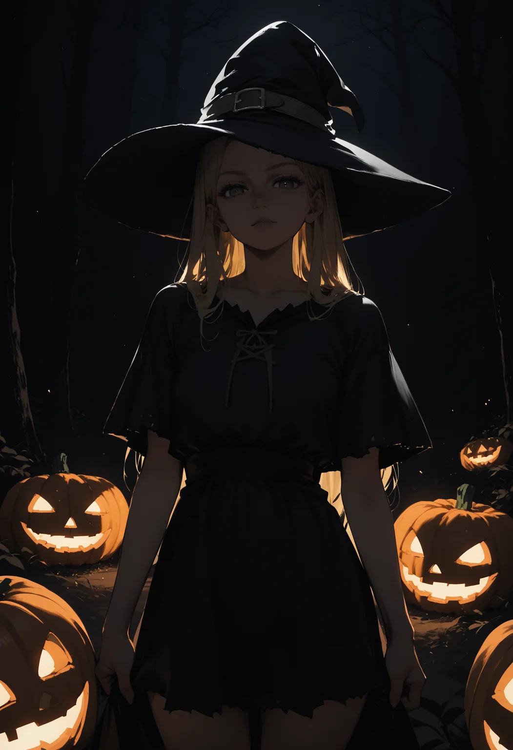 score_9, score_8_up, score_7_up, score_6_up, <lora:dark_v1.9-pony:1.0> 
black theme, dark theme, dark background, 
1girl, long hair, blonde hair,
looking at viewer, 
forest, night, 
jack-o'-lantern, witch, short dress, backlighting,