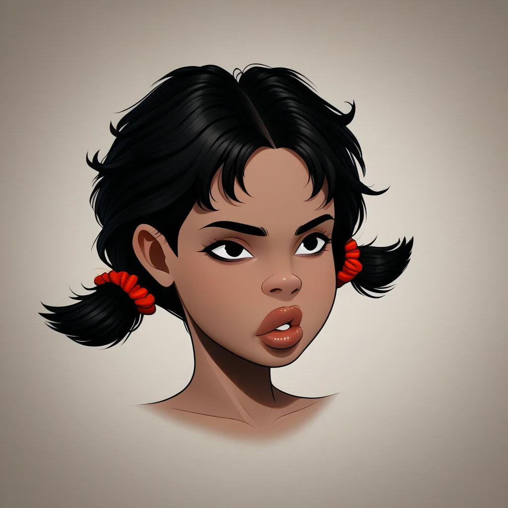 medium-length black hair, black eyes, full lips, tan skin, twin pigtails, red scrunchie