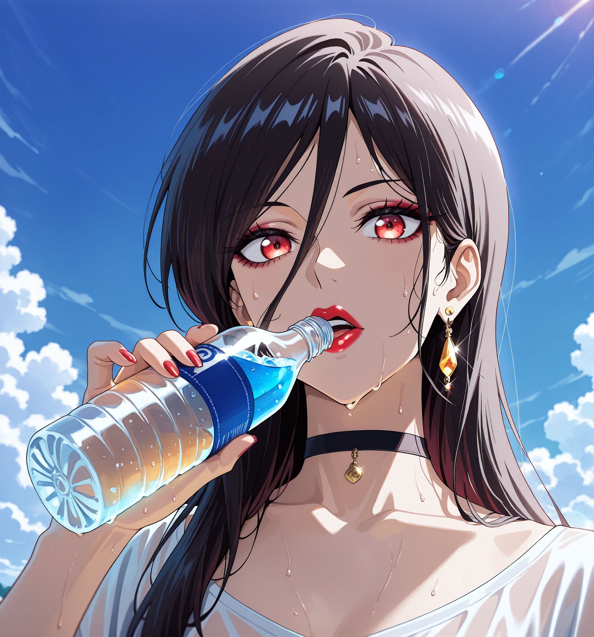 masterpiece,best quality,amazing quality,very aesthetic,absurdres,newest, huge filesize,
<lora:spo_sdxl_10ep_4k-data_lora_webui:0.5>,
<lora:add-detail-xl:1>anime coloring, uncensored, 
 <lora:drinking_illustrious_V1.0:0.8> drinking, holding bottle ,sweat,summer,sky,cloud,
upper body, 
BREAK
<lora:tohai_V1:1> tohai,
1girl,jewelry,
earrings,lipstick,  long hair, 
long hair,black hair,
hair between eyes,
makeup,red eyes,
choker  , t_ai,
BRAKE