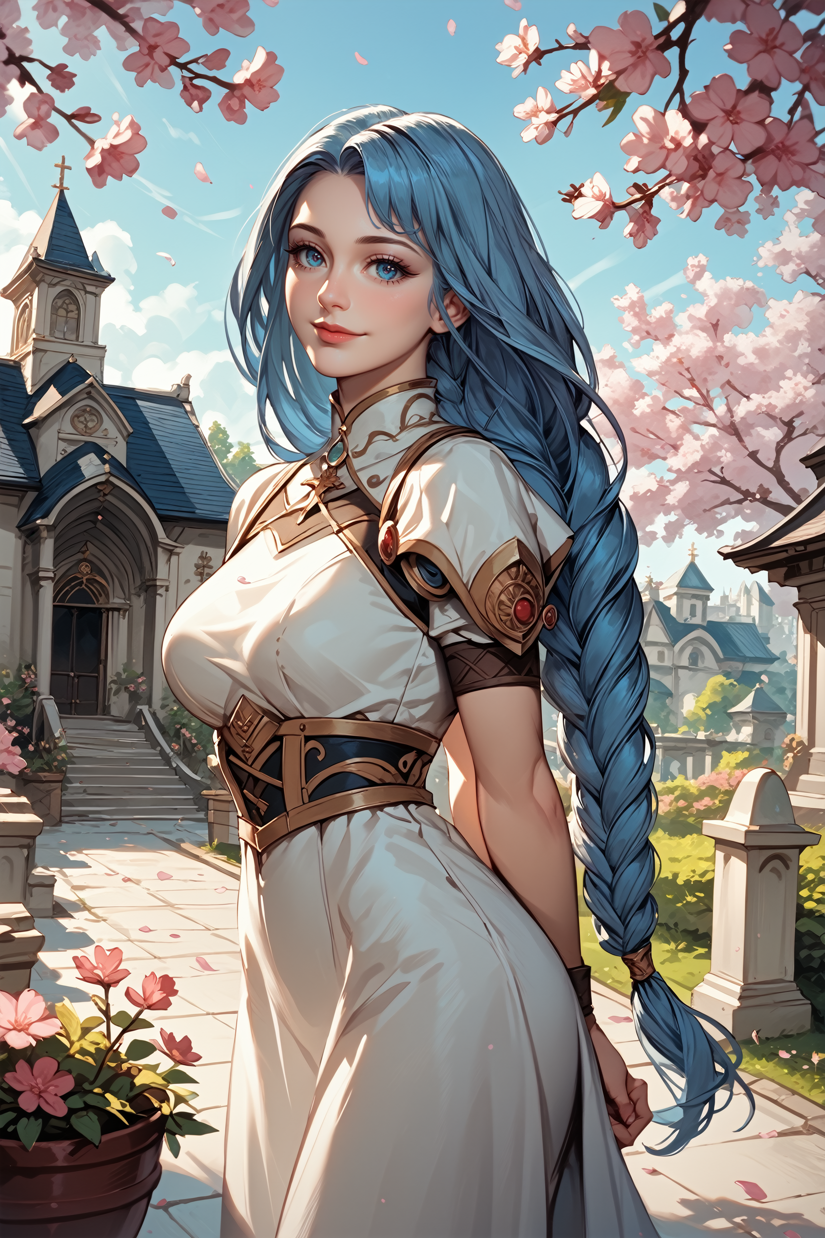 score_9, score_8_up, score_7_up,
<lora:VPLenneth:0.9>
VPLenneth, 1girl, long hair, braid, blue hair, blue eyes, looking at viewer, arms behind back, leaning forward, standing, outdoors, cherry blossoms, smile, garden, church