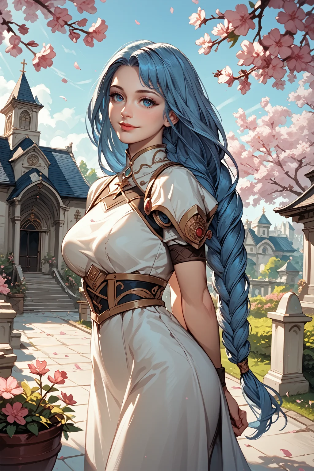 score_9, score_8_up, score_7_up,
<lora:VPLenneth:0.9>
VPLenneth, 1girl, long hair, braid, blue hair, blue eyes, looking at viewer, arms behind back, leaning forward, standing, outdoors, cherry blossoms, smile, garden, church
