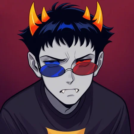 1boy, solo, male focus, headshot, scruffy, (looking over glasses), Sollux Captor, grey skin, black hair, short hair, horns, fangs, red and blue glasses, sunglasses, colored sclera, heterochromia, unamused look, grumpy look, masterpiece, best quality, amazing quality, very aesthetic, absurdres, newest