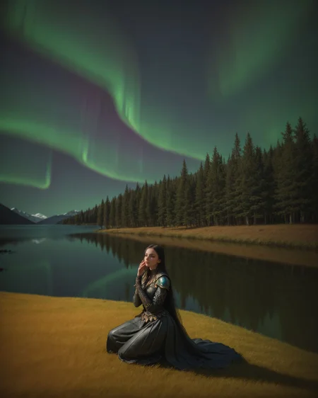 <lora:kodak_ektachrome:1>, thicc thighs, feminine woman, narrow waist, cleavage, detailed interesting background, perfect hands,  ([style of Frank Hong:style of Zac Retz:0.5]:1.3), (isometric 3d render soft lighting, style of Ilya Kuvshino, [OverallDetail:HairDetail fHandDetail SkinDetail :0.7]:1.15), (Layered Depth, Parallax Effect, Soft focus foreground, painted background1.3), ([evelynnobodysd15|dollienobodysd15|elaine_noexist]:1.15), (cowboy shot, solo_focus, cinematic photoshoot of perfect seductive young woman:1.15), In the heart of a moonlit, ancient forest, a solitary Valkyrie kneels beside a serene lake. The water mirrors the night sky, dotted with constellations. Around her, ethereal, glowing runes float gently in the air, casting a soft light on her armor. The scene is enveloped in a profound silence, broken only by the distant, haunting calls of nocturnal creatures. Above, the Northern Lights dance solemnly, reflecting her somber expression as she contemplates the fallen warriors' souls she's destined to guide to Valhalla. The forest around her is both beautiful and melancholic, imbued with a sense of timeless reverence and a deep connection to the ancient Norse legends.