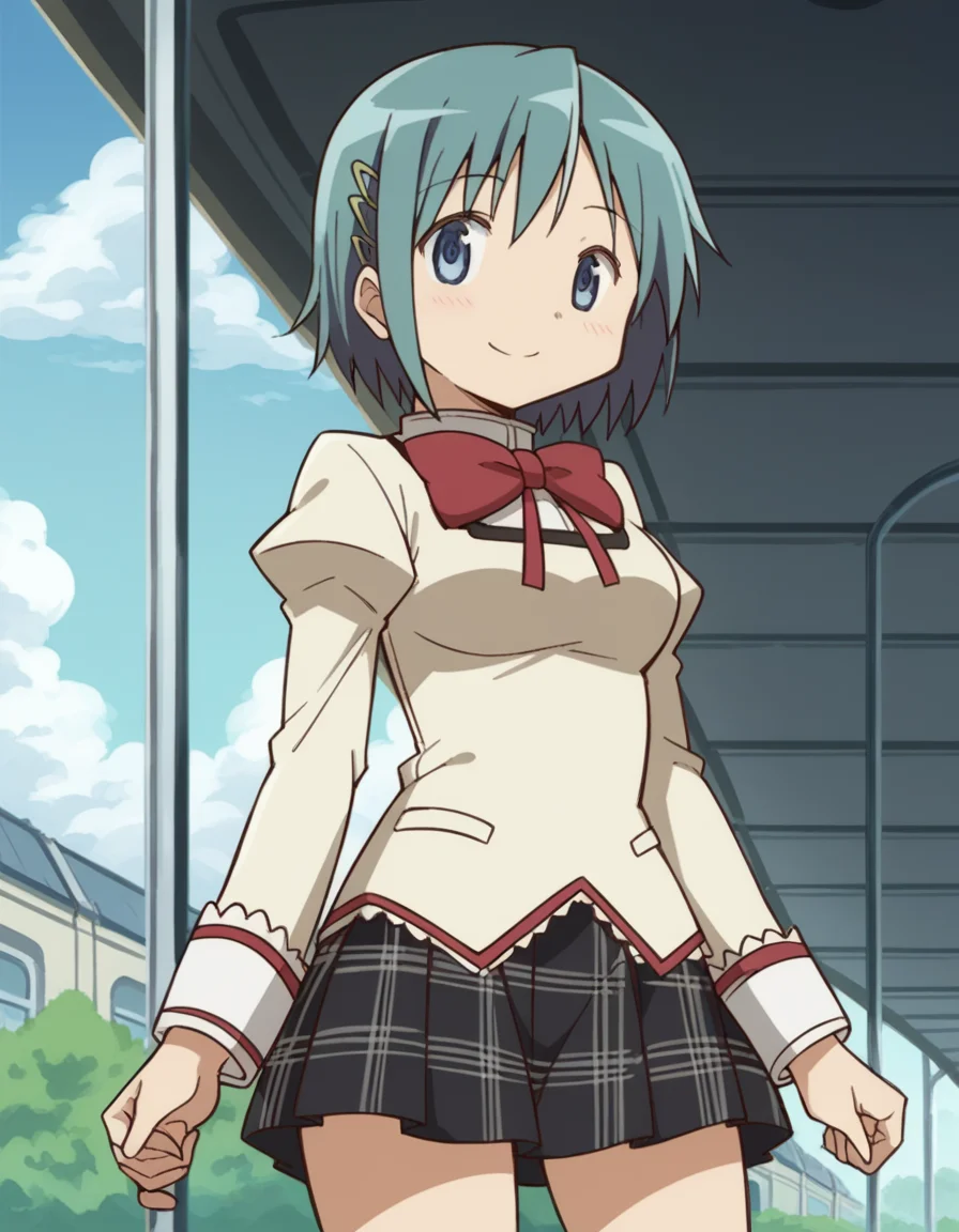 score_9, score_8_up, score_7_up, source_anime, <lora:sayaka-miki-s1-ponyxl-lora-nochekaiser:1>, sayaka miki, short hair, blue eyes, hair ornament, blue hair, hairclip, medium breasts,, skirt, school uniform, mitakihara school uniform, puffy sleeves, plaid skirt, pleated skirt, bowtie, red bowtie, train station, trains, platform, passengers, travel, smile, v,, looking at viewer, solo,, dutch angle, cowboy shot