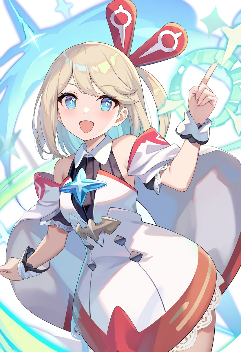 1girl,stella \(world flipper\),blue eyes,small breasts,white dress,sidelocks,hair ornament,one side up,blonde hair,long hair,swept bangs,hairclip,
bare shoulders,wrist cuffs,short sleeves,sleeveless dress,detached sleeves,sleeveless shirt,collared dress,white sleeves,buttons,collared shirt,frills,black shirt,white cape,lace-trimmed dress,blue gemstone,short dress,
pointing up,smile,
torino aqua,
newest,absurdres,highres,masterpiece,best quality,year 2024,
<lora:stella_NoobVpred10:1>,