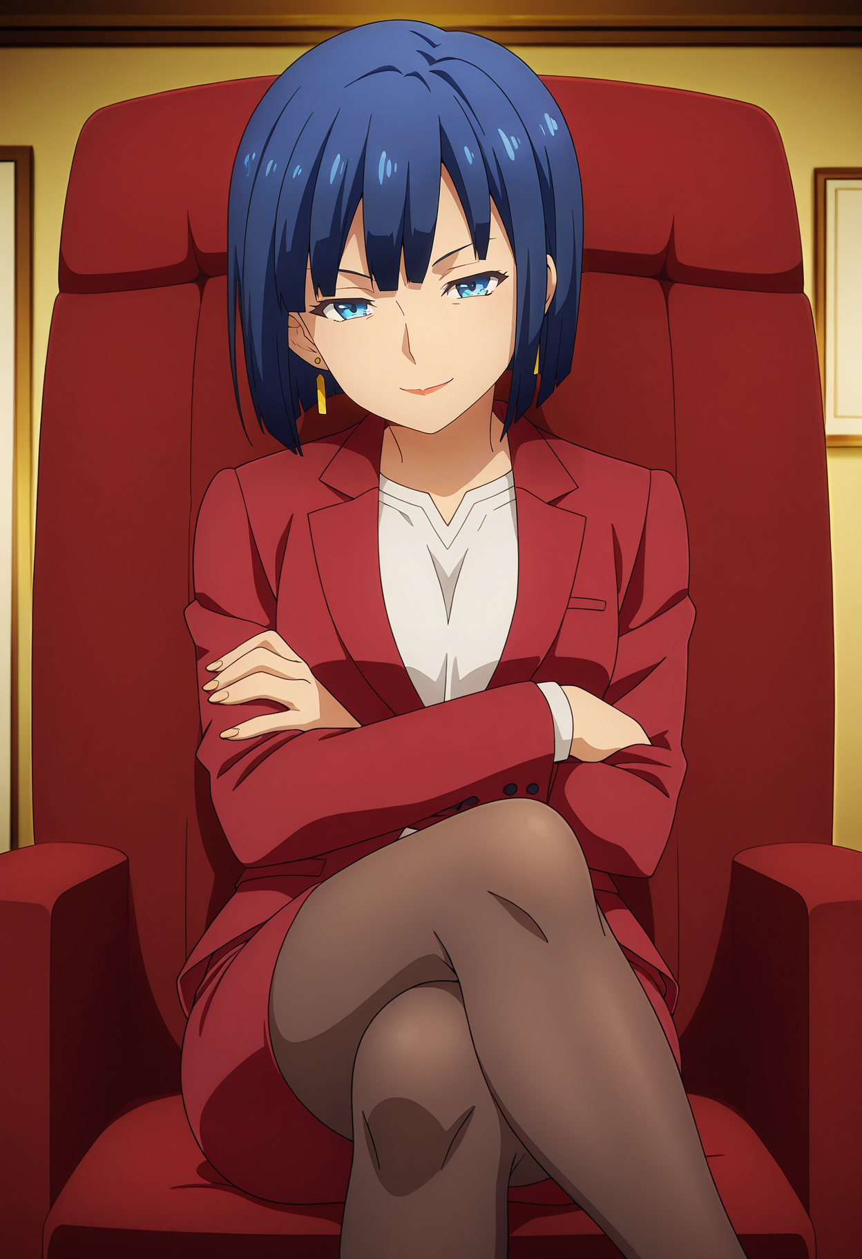 1girl,solo,mm,mature female,short hair,blue hair,blue eyes,earrings,anime coloring,
formal,red suit,pencil skirt,pantyhose,sitting,crossed arms, crossed legs, on chair,indoors,looking at viewer, smile
,masterpiece,best quality,amazing quality,<lora:Akino_Yuugiri-Engage_Kiss:0.8>