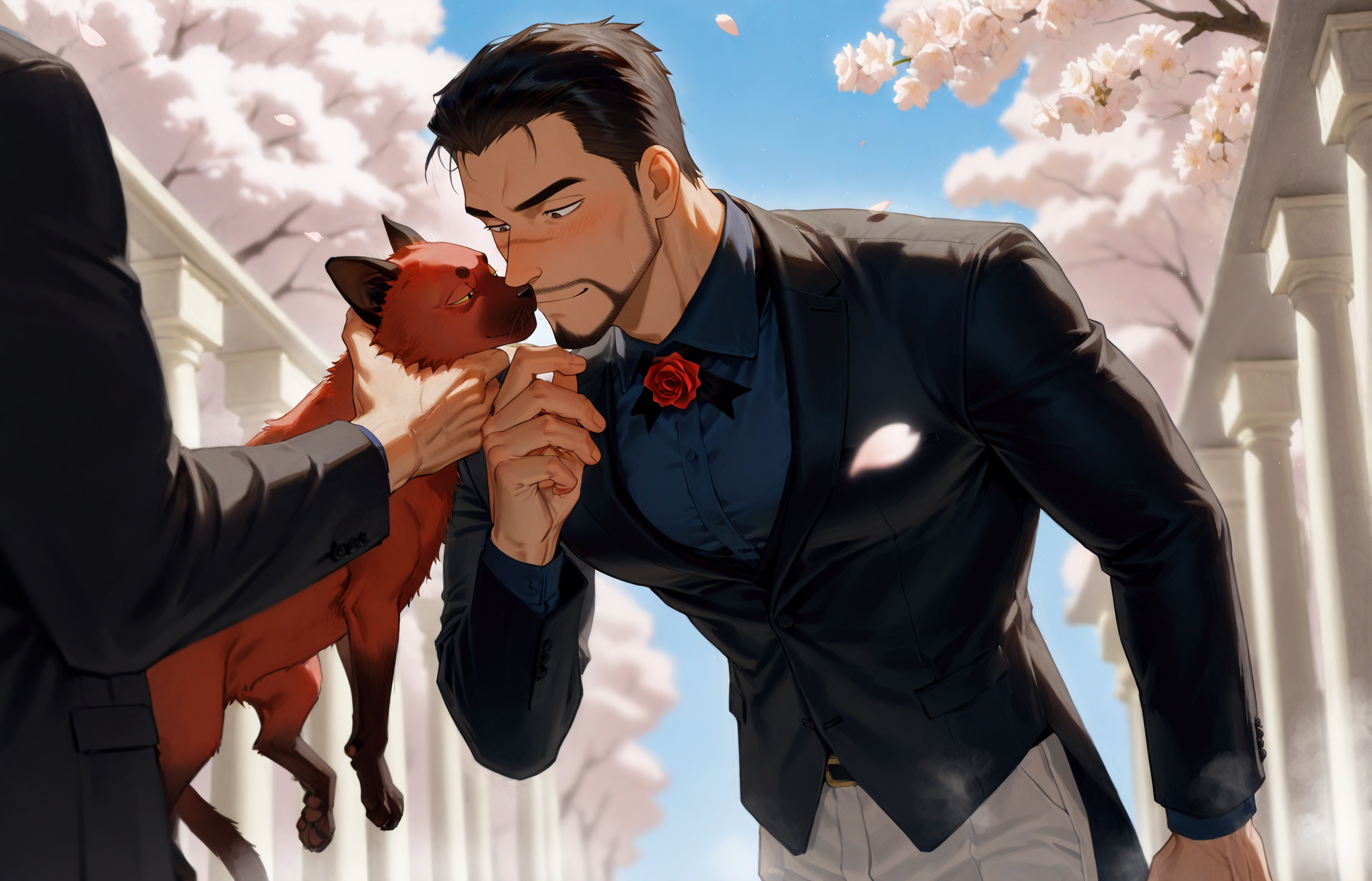 <lora:pose_POVKissH_e100_s1000:1> ((solo focus, POVKissH, 1boy, couple, kissing_his_fingers, hold_his_hand))"A handsome anime-style groom in a black wedding tuxedo with a rose boutonniere, standing in a romantic outdoor garden with soft lighting, cherry blossoms falling, and a bright blue sky. He has neatly styled hair, a gentle smile, and elegant posture. Background is dreamy, cinematic, and slightly blurred for depth, <lora:Red_Siamese_Cats_leader__Detective_Conan:.7>, Red Siamese Cats leader, A serious anime-style male  He has short dark hair slicked back, a trimmed beard, The setting is a dramatic, cinematic moment with strong lighting and a tense atmosphere, cowboy shot, 
(,looking at the viewer, steam, sexy)
(very short hair, beard, bara, mature, facial hair, stubble, beard, full beard, sideburn, beard, a lot of beard, ), facial hair,male focus, muscular male, muscular male, bara, mature,  bara, mature, aixiwuganda_(20222192), very awa, masterpiece, best quality, absurdres, newest, perfect quality, detailed background, intricate details,
<lora:slider_Body Type_alpha1.0_rank4_noxattn_last:3><lora:Anime Summer Days 2 Style SDXL_LoRA_Pony Diffusion V6 XL:.6><lora:slider_cfg_scale_boost:.7><lora:Artist6p:.55>, Artist6p, Artist04p,<lora:slider_il_brightness_slider_d1:-1><lora:slider_il_contrast_slider_d1:-1><lora:slider_DarkSlider1.2_alpha1.0_rank16_full_300steps:-.6>