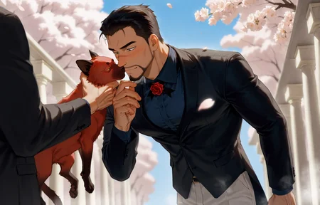 <lora:pose_POVKissH_e100_s1000:1> ((solo focus, POVKissH, 1boy, couple, kissing_his_fingers, hold_his_hand))"A handsome anime-style groom in a black wedding tuxedo with a rose boutonniere, standing in a romantic outdoor garden with soft lighting, cherry blossoms falling, and a bright blue sky. He has neatly styled hair, a gentle smile, and elegant posture. Background is dreamy, cinematic, and slightly blurred for depth, <lora:Red_Siamese_Cats_leader__Detective_Conan:.7>, Red Siamese Cats leader, A serious anime-style male  He has short dark hair slicked back, a trimmed beard, The setting is a dramatic, cinematic moment with strong lighting and a tense atmosphere, cowboy shot, 
(,looking at the viewer, steam, sexy)
(very short hair, beard, bara, mature, facial hair, stubble, beard, full beard, sideburn, beard, a lot of beard, ), facial hair,male focus, muscular male, muscular male, bara, mature,  bara, mature, aixiwuganda_(20222192), very awa, masterpiece, best quality, absurdres, newest, perfect quality, detailed background, intricate details,
<lora:slider_Body Type_alpha1.0_rank4_noxattn_last:3><lora:Anime Summer Days 2 Style SDXL_LoRA_Pony Diffusion V6 XL:.6><lora:slider_cfg_scale_boost:.7><lora:Artist6p:.55>, Artist6p, Artist04p,<lora:slider_il_brightness_slider_d1:-1><lora:slider_il_contrast_slider_d1:-1><lora:slider_DarkSlider1.2_alpha1.0_rank16_full_300steps:-.6>